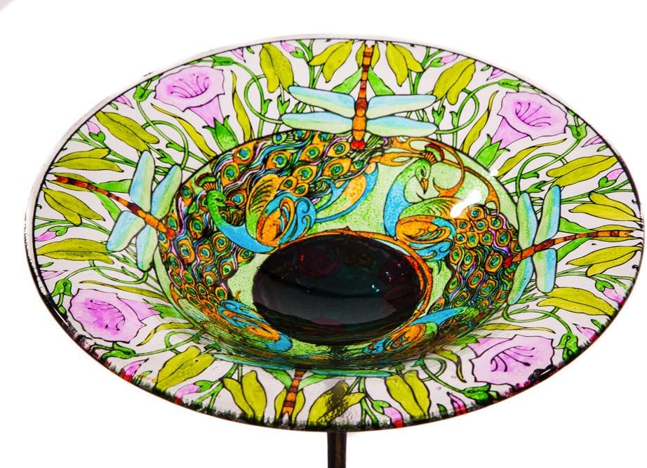 Evergreen Dragonfly Rose and Peacock Glass Bird Bath Bowl with Metal Stake - 10”Length x 10" Wide x 26.75" High