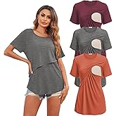 Ekouaer Women's Maternity Shirts Short Sleeves Nursing Tops 3 Pack Double Laye Breastfeeding Tees Pregnancy Clothes S-XXL