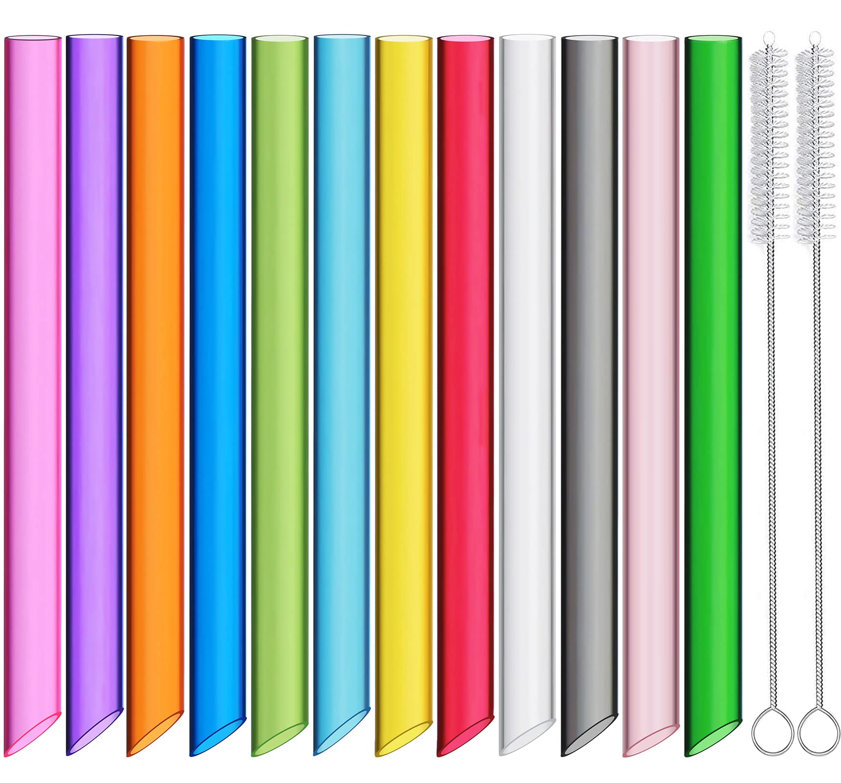 ALINK 12-Pack Reusable Plastic Boba Straws, 13 mm x 10.5 inch Long Wide Clear Smoothie Straws for Bubble Tea, Tapioca Pearls, Milkshakes with 2 Cleaning Brush - Pointed Design
