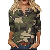 Womens 3/4 Length Sleeve Tops Casual Henley Summer Shirts Loose Fit Three Quarter Length Sleeve Blouses