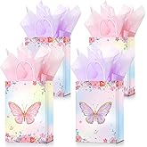 Leinuosen 16 Sets Butterfly Party Favor Bags with Tissue Paper,Pink Purple Goodie Bags for Kids Girls,Floral Treat Totes with Handles for Birthday,Baby Shower,Party,Wedding(Watercolor Style)