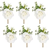 Meldel Ivory Rose Boutonniere for Men,Set of 6,Groom and Best Man Boutonnieres with Artificial Flower,for Wedding Ceremony Anniversary, Formal Dinner Party, Fall Vintage Rustic Marriage Prom