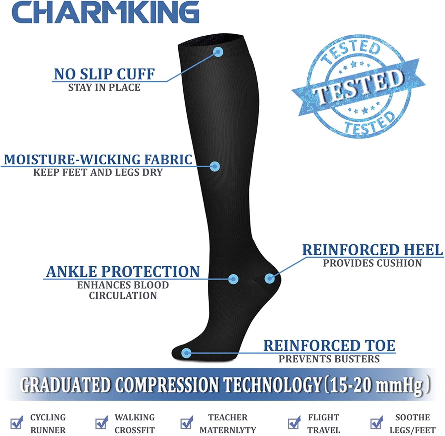 CHARMKING Compression Socks for Women & Men 8 Pairs 15-20 mmHg is Best Graduated Athletic,Running, Flight Travel,Cycling: Clothing