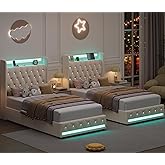 2 Set Upholstered Twin LED Bed Frames w/Storage &amp; Charging Headboard, Beige | Velvet Crystal Button-Tufted Princess Twin Size Platform Bed for Girls, 2 Drawers,Needn't Box Spring,Noise-Free,Easy Assembly