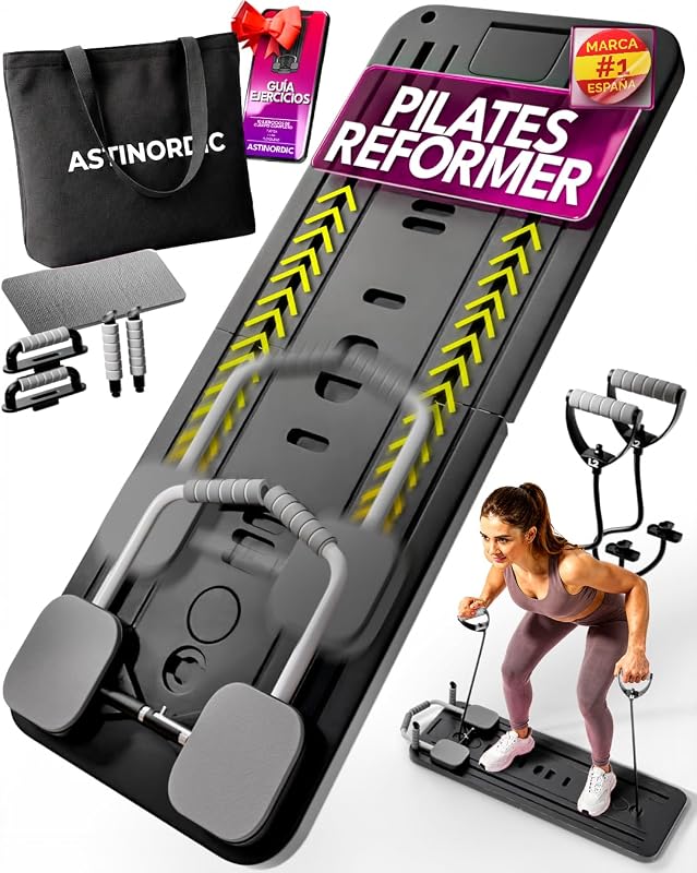 Pilates Reformer Dobrável com Acessórios & 10 Guia de Exercícios | Ideal para Casa, Ginásio e Reabilitação | Melhora Força e Flexibilidade | Design Compacto e Portátil (Preto)