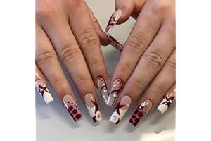 IMSOHOT Coffin Press on Nails Long French Tips Fake Nails Burgundy Star Glossy False Nails with Rhinestone Designs Full Cover Ballerina Acrylic Nails Glue on Nails for Women 24Pcs
