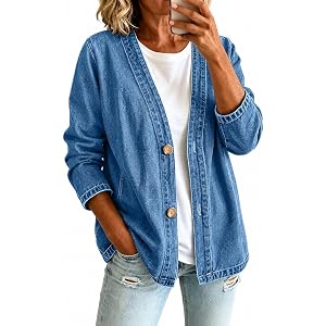paooqii Women's Jean Jacket Collarless V Neck Button Down Long Sleeve Lightweight Casual Denim Cardigan