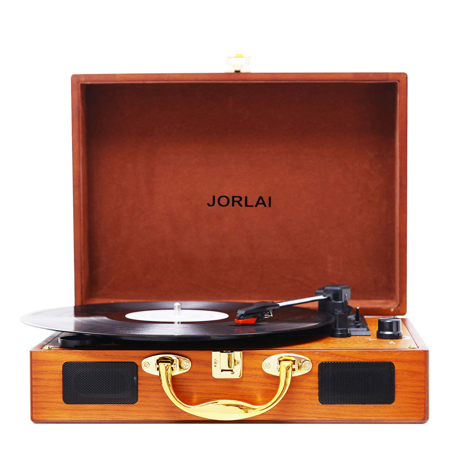 JORLAI Vinyl Record Player, 3 Speed Suitcase Turntable with Built-in Speakers, PC Recorder, Headphone Jack, RCA line Out - Wood