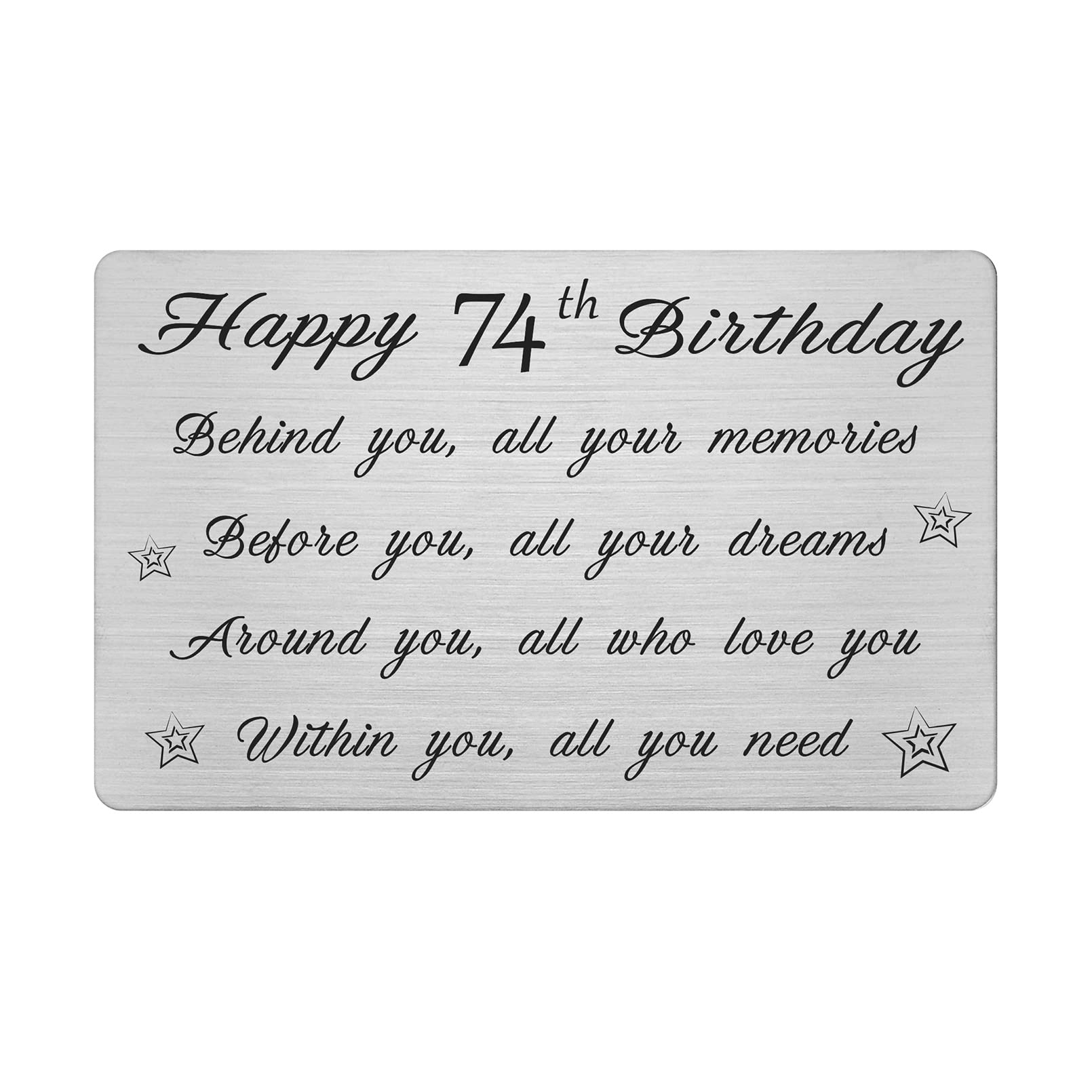 FALOGI 74th Birthday Card - Behind You All Your Memories - Happy 74 Year Old Birthday Gifts for Men Women, Personalised Engraved Wallet Card