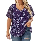 CARCOS Plus Size Tops for Women Chiffon Short Sleeve V Neck Summer Pullover Shirts Flower Blouse Tshirt XL-5XL
