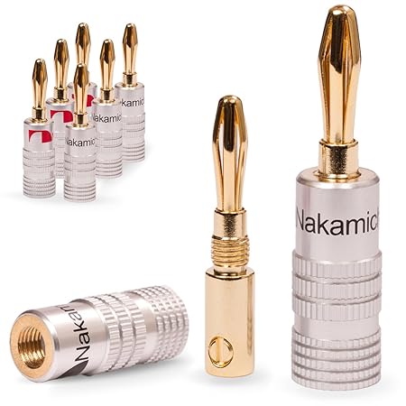 8 x HIGH END Nakamichi Bananenstecker Bananas f. Kabel bis 6mm² 24K vergoldet in schwarz rot