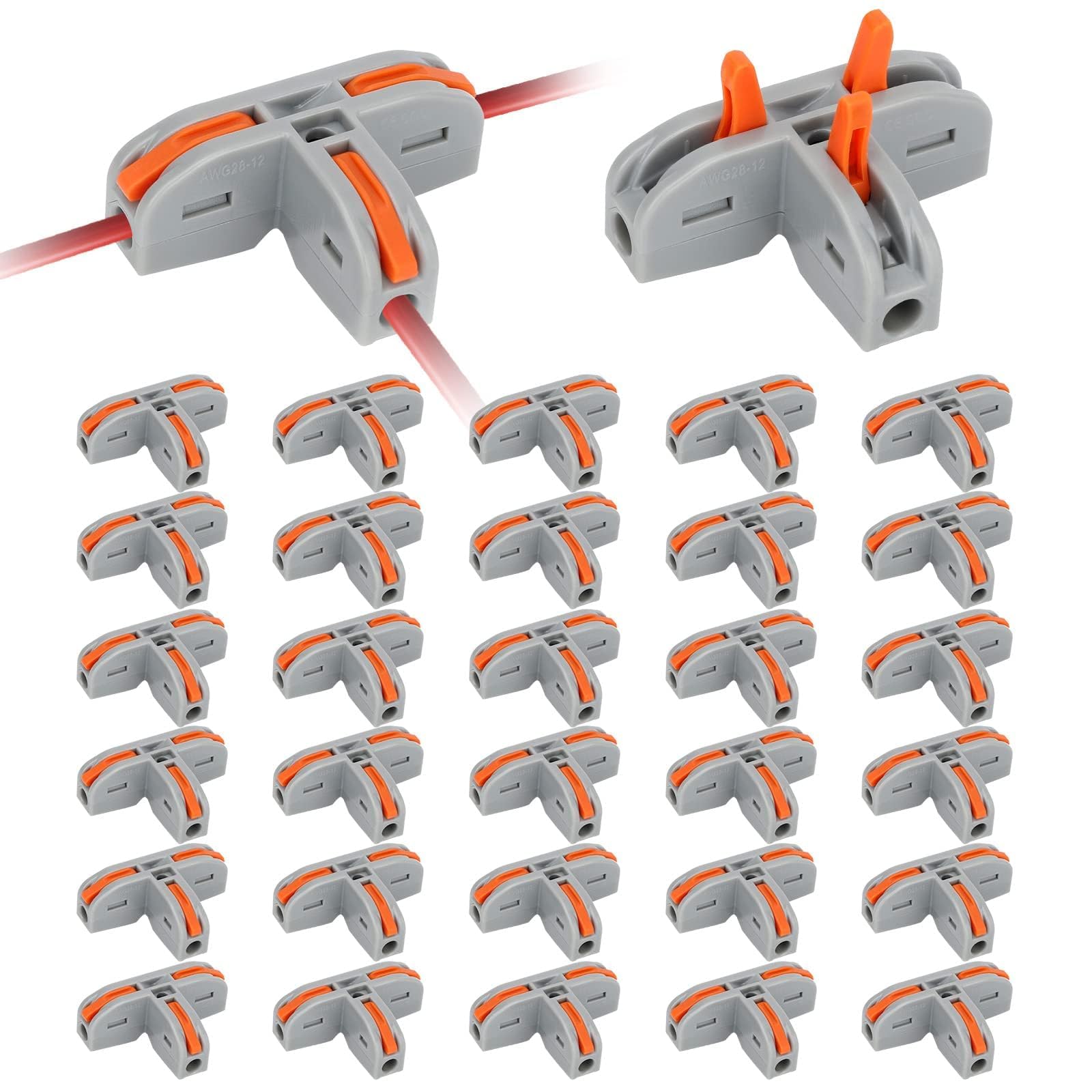 EEEKit 30pcs Compact Wire Conductor Connector, T-Shape Lever Nut Wire Connector, Quick Splitter 3-Port Electrical Connectors Blocks for AWG 28-12