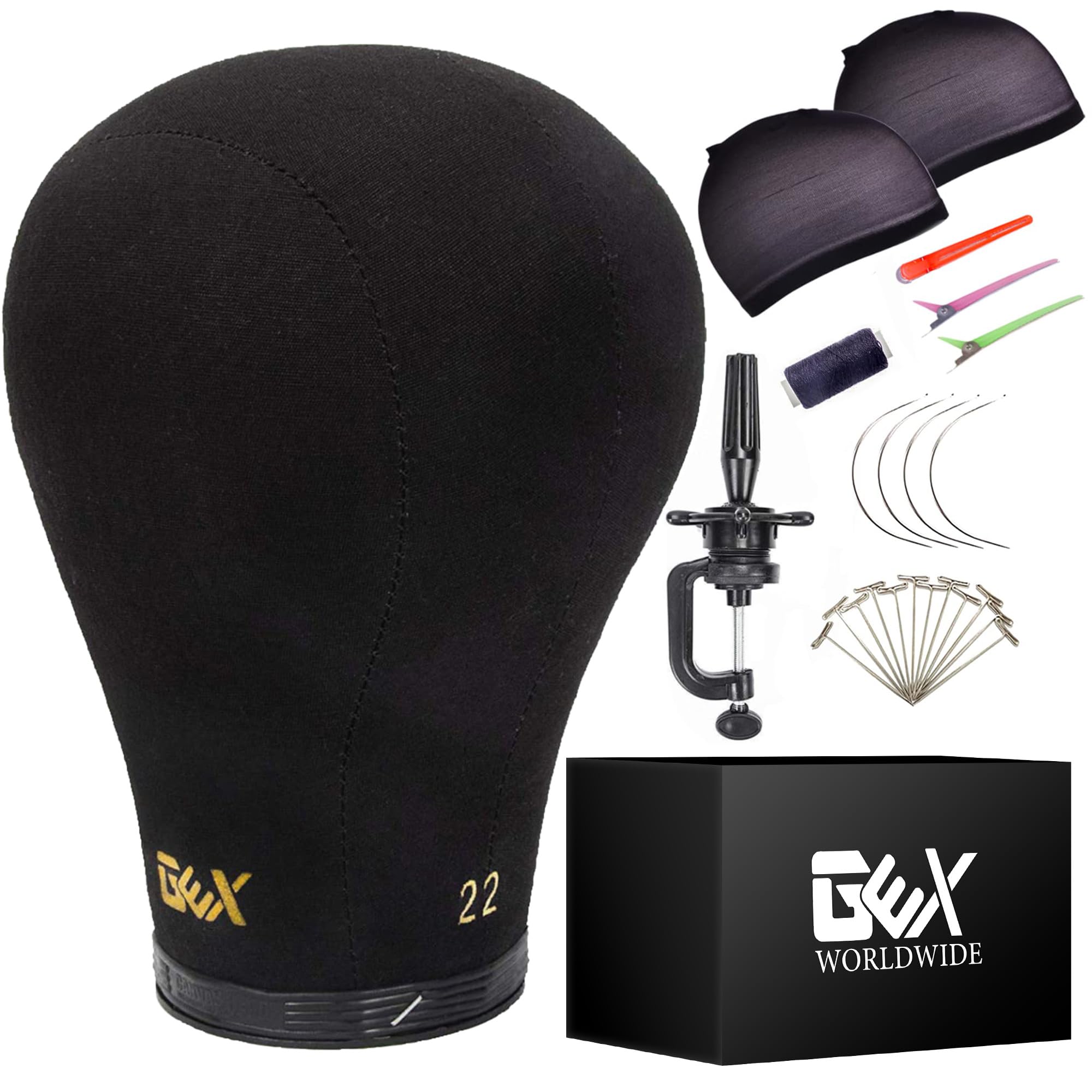 Photo 1 of GEX 20"-24" Canvas Cork Wig Block Mannequin Head for Wig Making Drying Styling Display with Table C Clamp Stand Holder (Black 21")