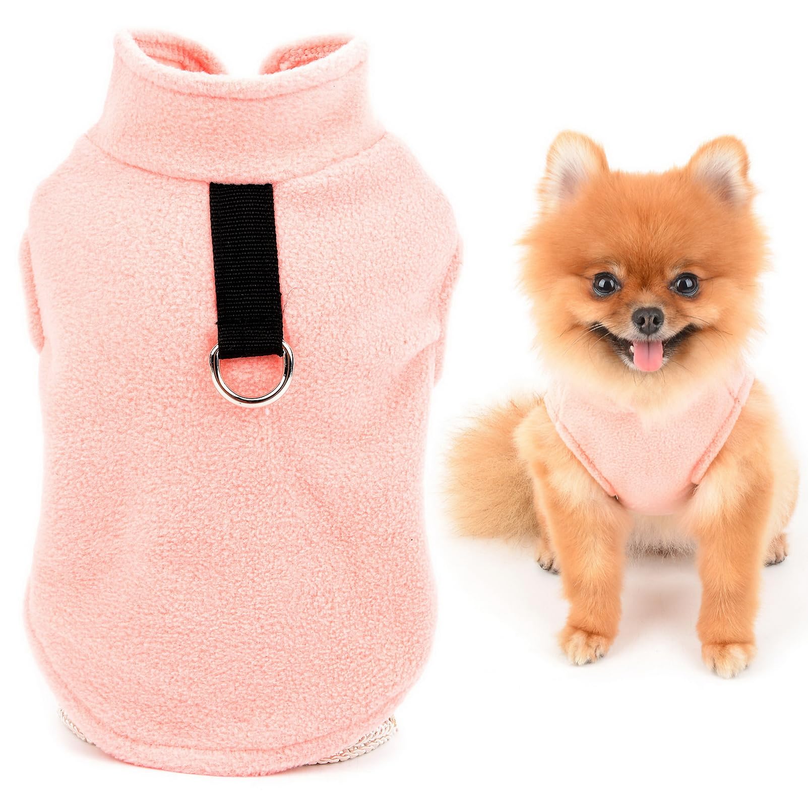 SMALLLEE_LUCKY_STORE Solid Color Puppy Fleece Vest Jumper Pullover Sweater with Leash Ring for Small Dog Cat Yorkie Chihuahua Kitten Warm Fall Winter Clothes,Pink,S