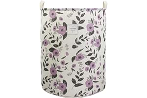 Mziart Collapsible Laundry Basket, Floral Printing Large Laundry Hamper for Baby Girls Kids Toys Clothes Organizer Foldable Storage Bin Waterproof Canvas Nursery Storage Basket with Handles (Purple)