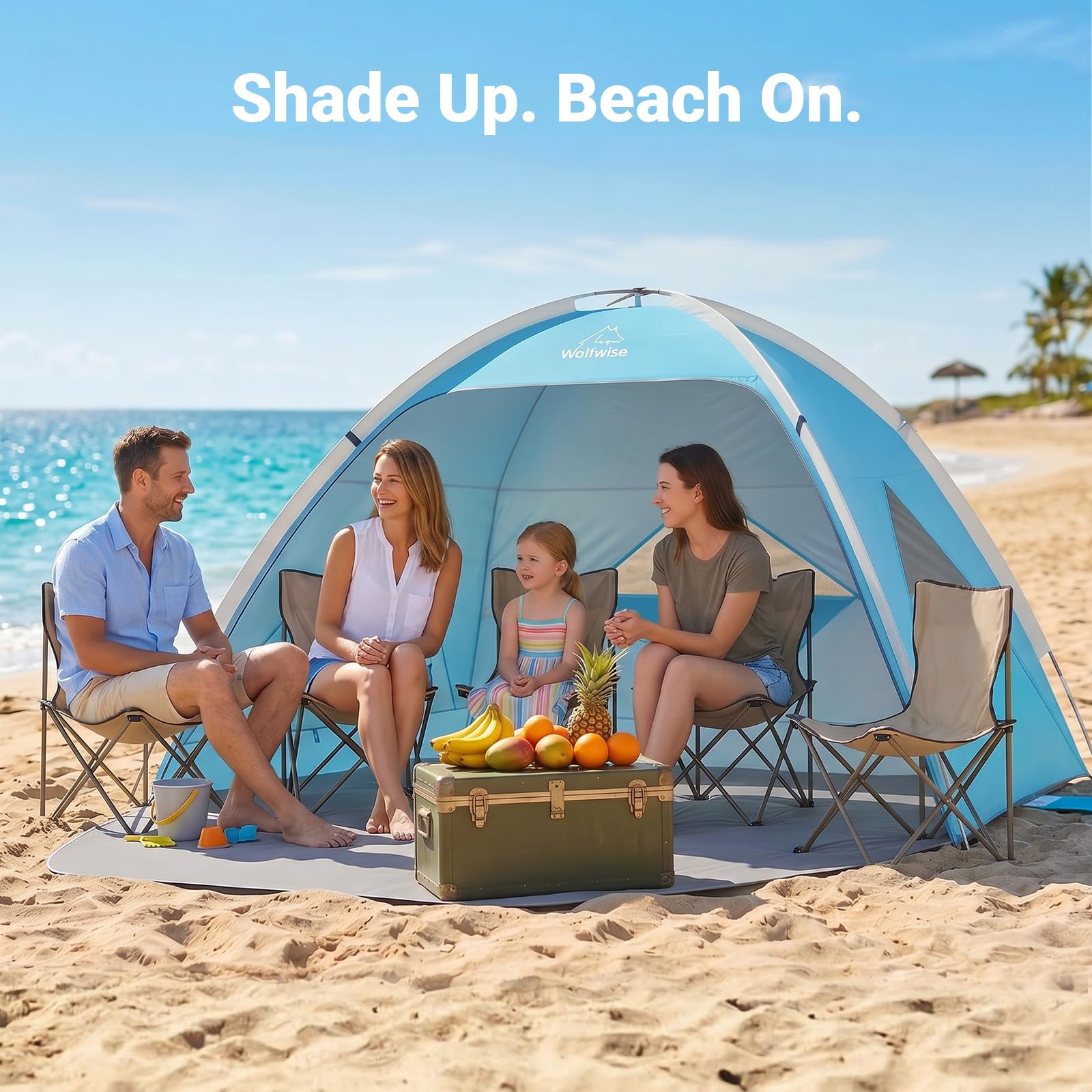 Wolfwise Strandmuschel UV Schutz, 3 Belüftungsfenster & Tragetasche, Strand Zelt mit erweiterbarem Boden für Privatsphäre, 4 Personen, 240x165x140cm(95 ''x65''x55''), Blau 2