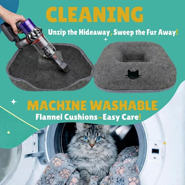 RINGTAIL PEEKABOO CAT CAVE DONUT FOR MULTIPLE & LARGE CATS UP TO 30-45 LB, 3-IN-1 SELF WARMING CAT BED TUNNEL WITH 2 SOFT FLUFFY FLEECE PET BLANKETS, SCRATCH, DETACHABLE & WASHABLE (DARK GRAY, LARGE)