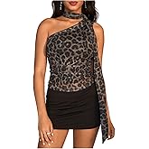 RoseSeek Women's Leopard Asymmetrical Halter Tops Sleeveless Slim Fit Summer Going Out Y2K Crop Tank Top