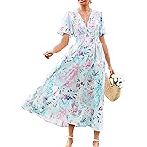 Flessibili Womens V Neck Flutter Sleeve Boho Midi Dress Summer Wedding Guest Beach Party Long Dresses