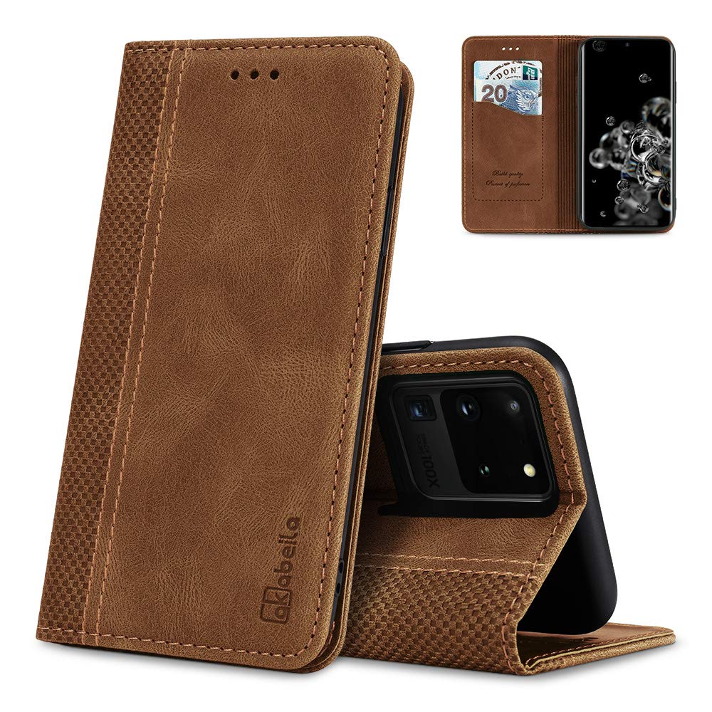 AKABEILA Case for Samsung Galaxy S20 Ultra Premium Leather Flip Wallet Case with Magnetic Closure Kickstand Card Slots Folio Phone Case Cover Shockproof Light Brown