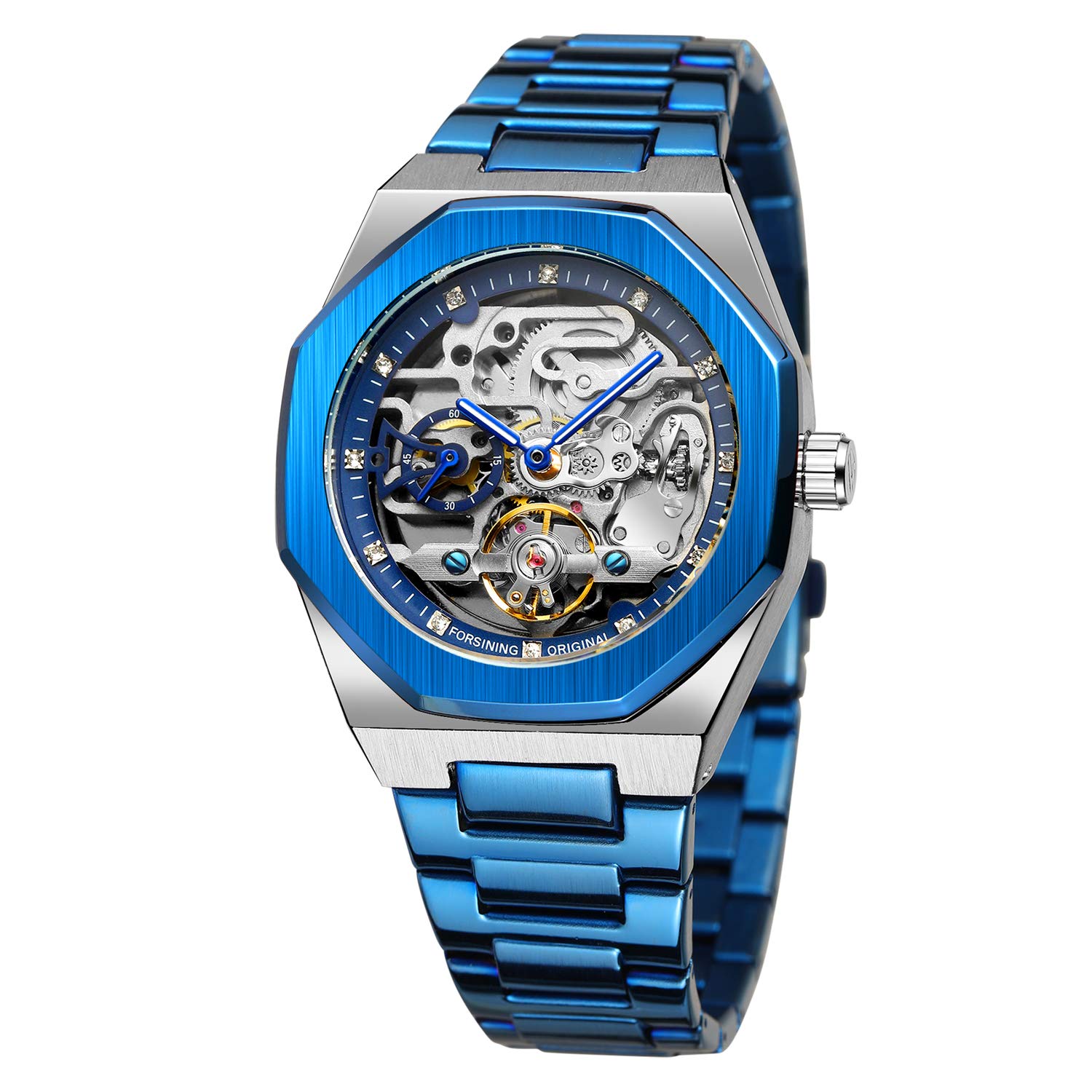 Mechanical Mens Watches Fashion Automatic Male Clock Blue Stainless Steel Waterproof Business Skeleton Watch…, FOR8202, Quartz Watch,Skeleton Watch,Mechanical,Self-winding