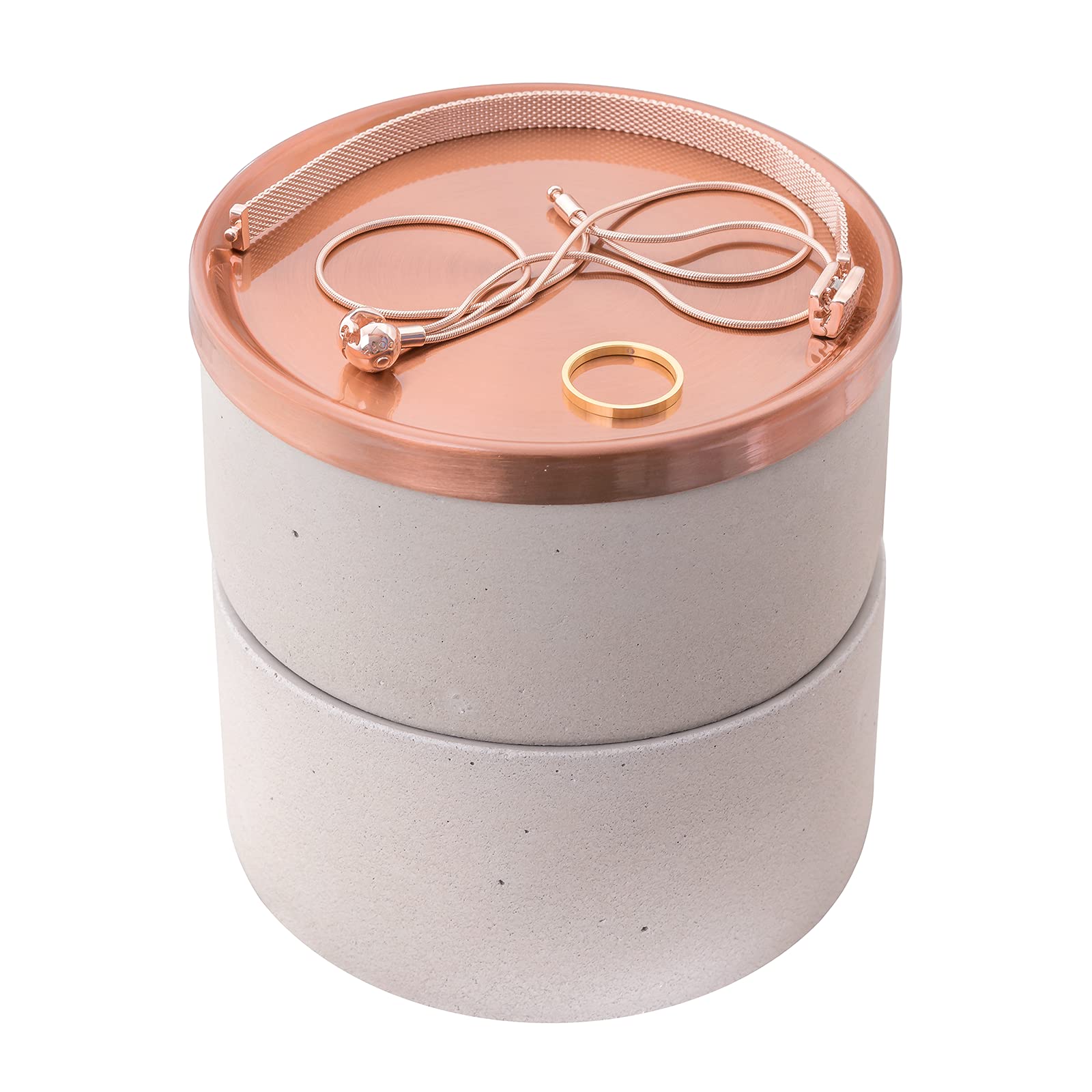 Sasha Morel Round Concrete Jewellery Storage Organiser Case Bowl Trinket Pot with Copper Metal Lid for Small Accessories - Earings Necklace Rings (Double)