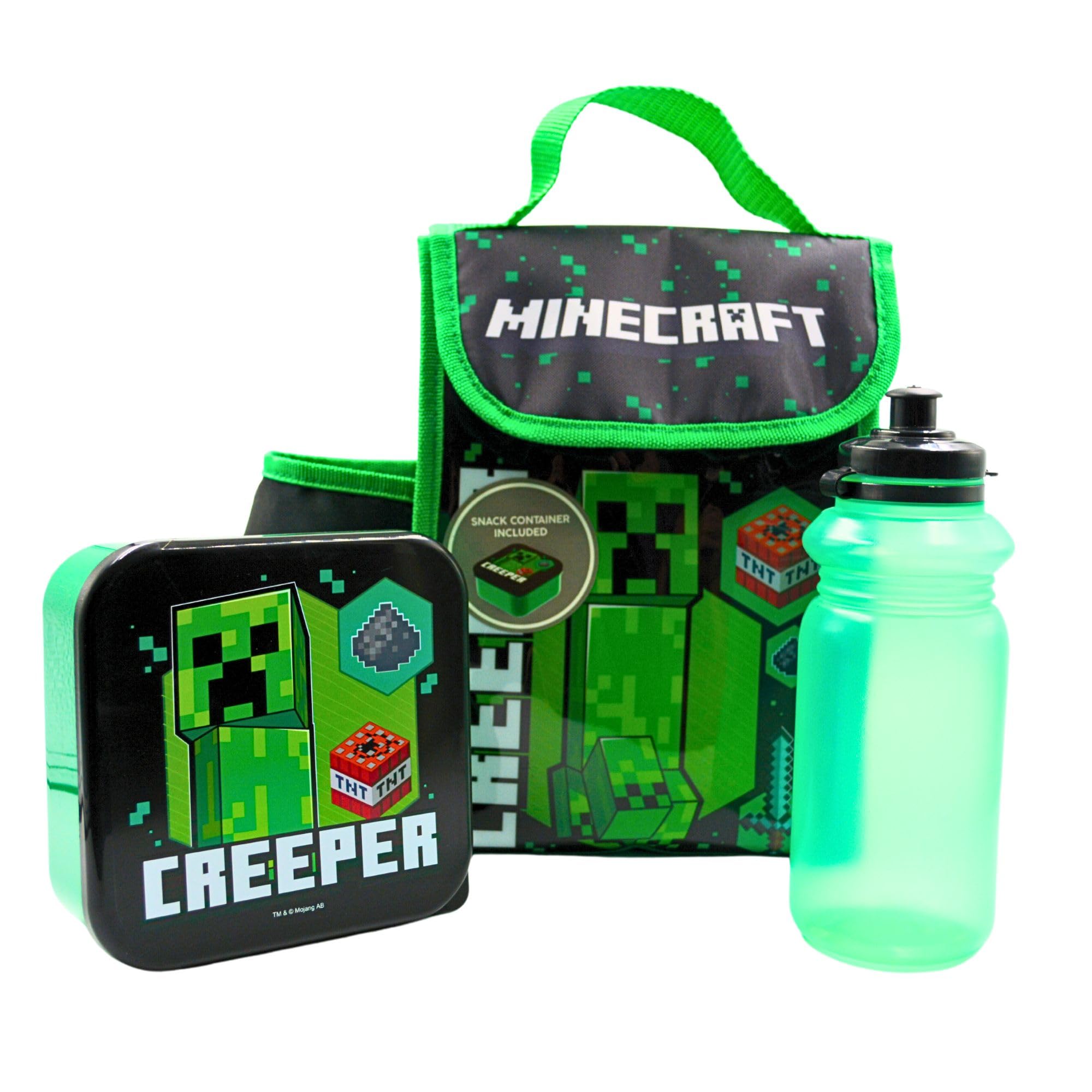 HOX Minecraft Creeper Kids Lunch Bag Set with Insulated Lunchbag, 400ml Bottle & Snack Box – Official Minecraft School Lunch Box Set for Boys & Girls
