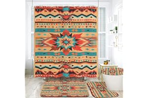 YWZDS Navajo Southwestern Bathroom Set, 4-Piece with Shower Curtain 71x71, Bath Mat, Contour Rug, Toilet Lid Cover,Tribal Aztec Pattern