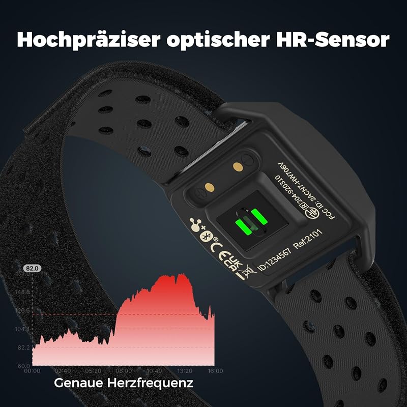 HW706 Herzfrequenzmesser Aufladen Pulsmesser mit Armband per Bluetooth/ANT+, Herzfrequenz Armgurt Optisch IP67 Wasserdichter, Kompatibel mit CoospoRide, Wahoo, Strava, Elite HRV