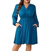 Baosuu Plus Size Dresses Womens Casual Elastic Waist Long Sleeve V Neck Midi Flowy Dress with Pockets