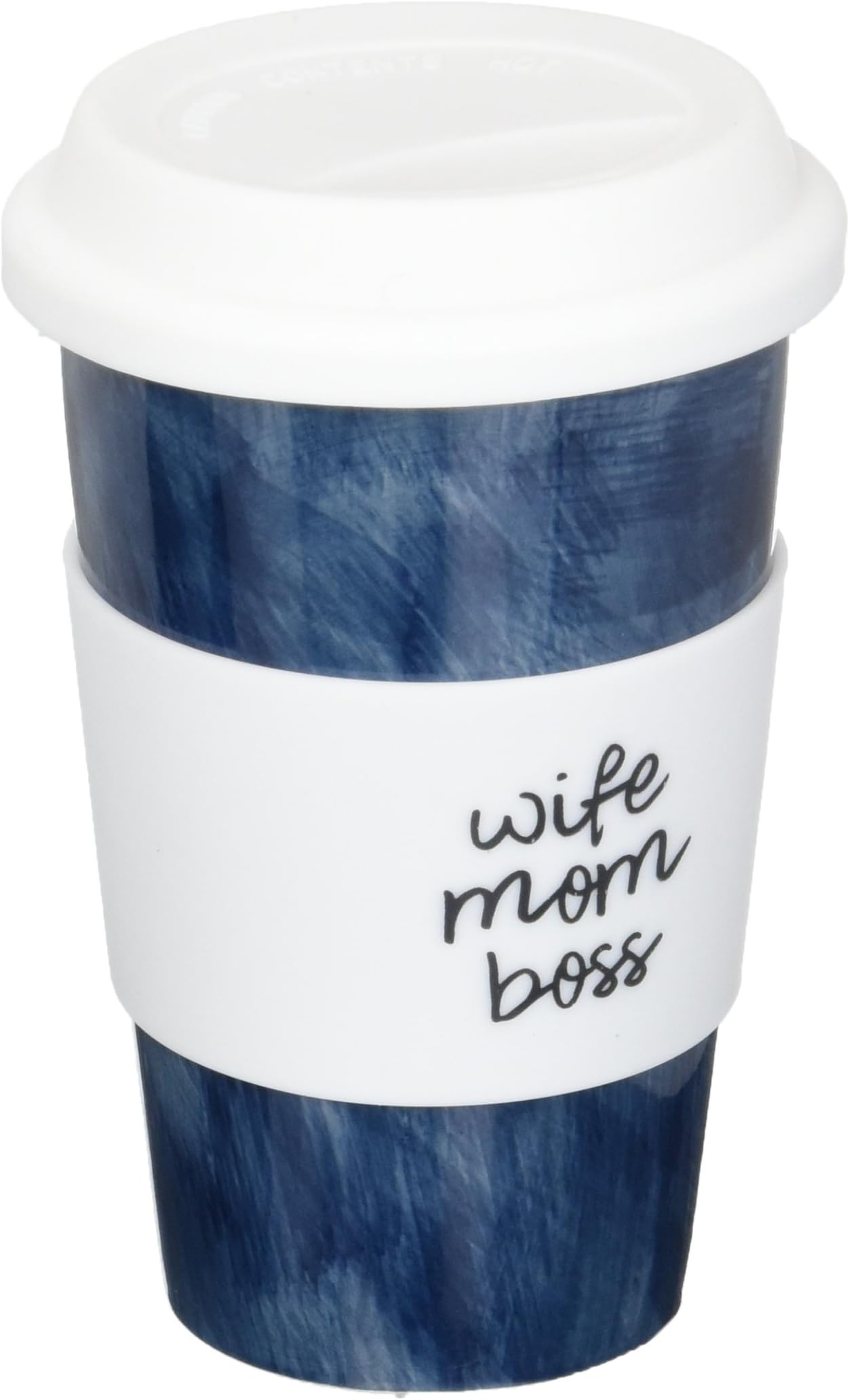 Mom Life Wife Mom Boss Navy Blue 10 oz Ceramic Travel Coffee Mug with Silicone Lid, Blue