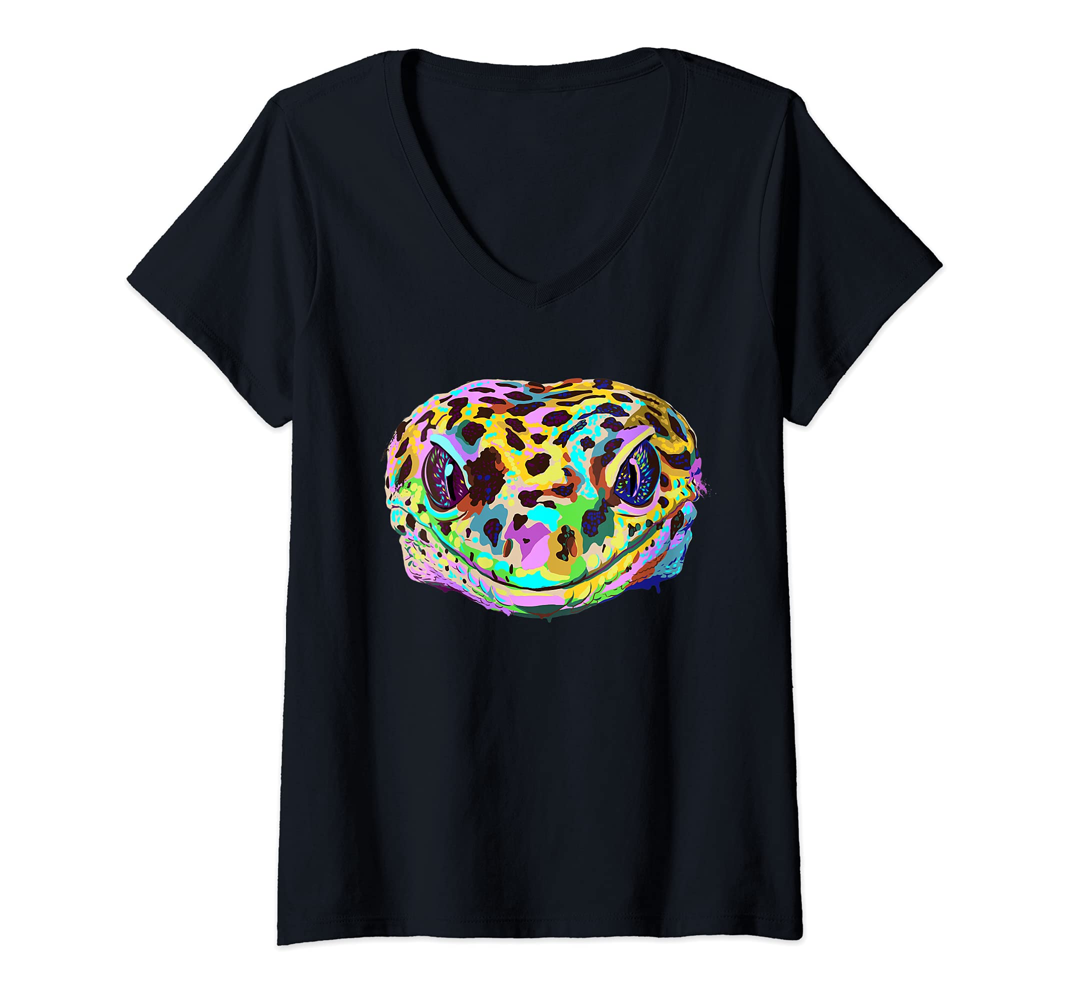 Womens Colourful Reptile Leopard Gecko V-Neck T-Shirt