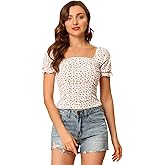 Allegra K Smocked Crop Top for Women's Slim Fit Floral Peasant Blouse