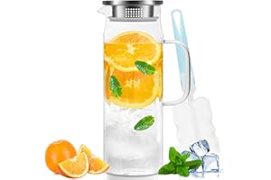 Yirilan glass pitcher,1.5 Litre Glass Jug with Sealed Lid,Beverage Pitcher for Hot/Cold Water,Iced Tea and Juice Drink（with Cup Brush ）