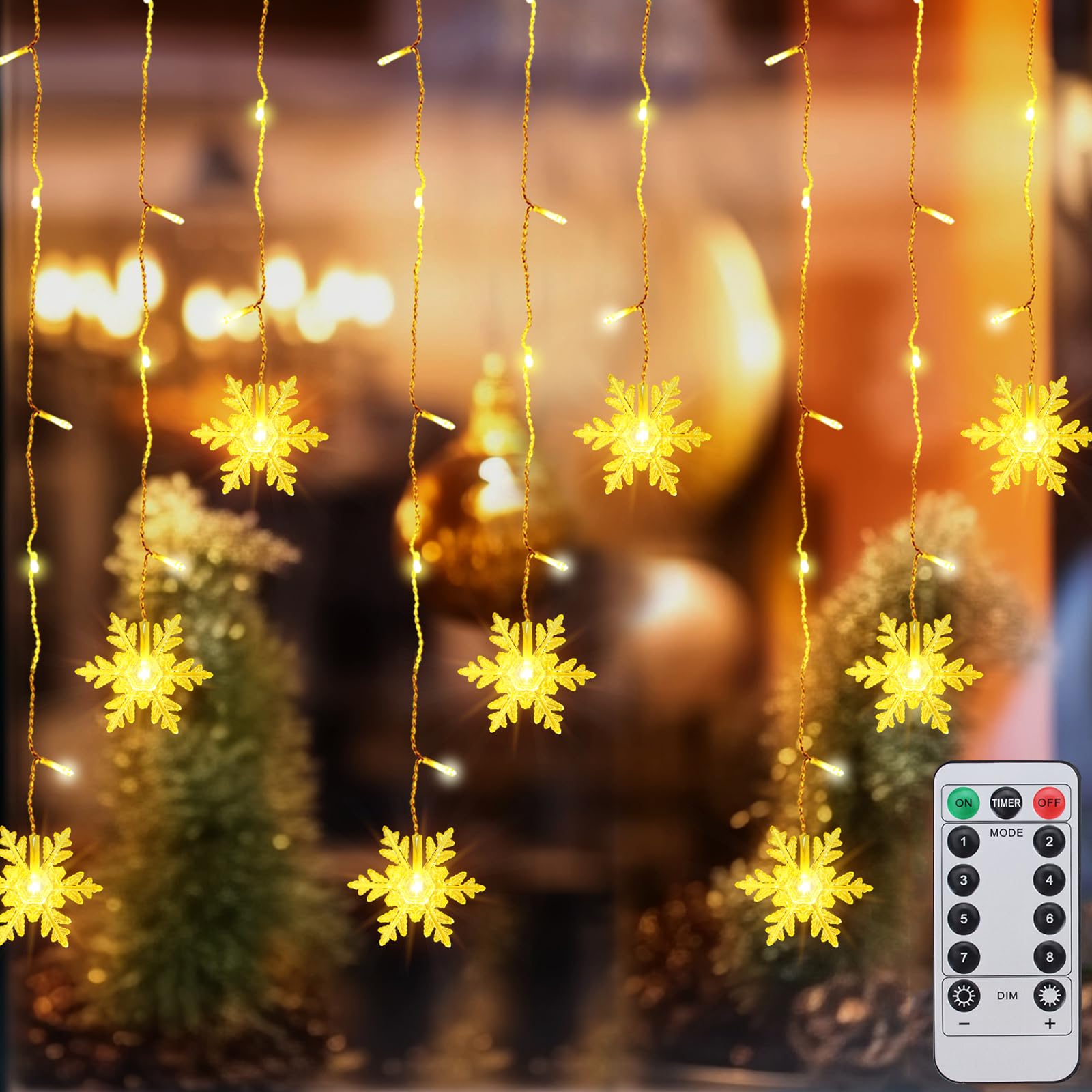Qoosea Curtain Fairy Lights, 96 LED 4.2M Snowflake Lights, 8 Modes Remote Control Window String Lights Waterproof, for Christmas, Wedding, Garden, Party, Patio, Outdoor Indoor Decoration, Warm White