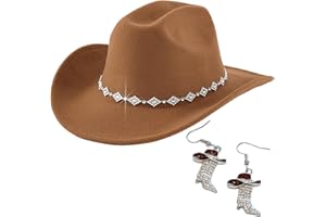 FSLLZCJY Cowboy Hats for Women with Boots Earrings - Western Cowgirl Hat Rhinestone Wide Brim Cow Girl Hat Rodeo Outfit for Women