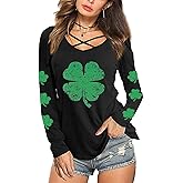 Roshop St Patricks Day Shirts Women Criss Cross V-Neck Holiday Long Sleev Lucky Irish Shamrock Party Shirt