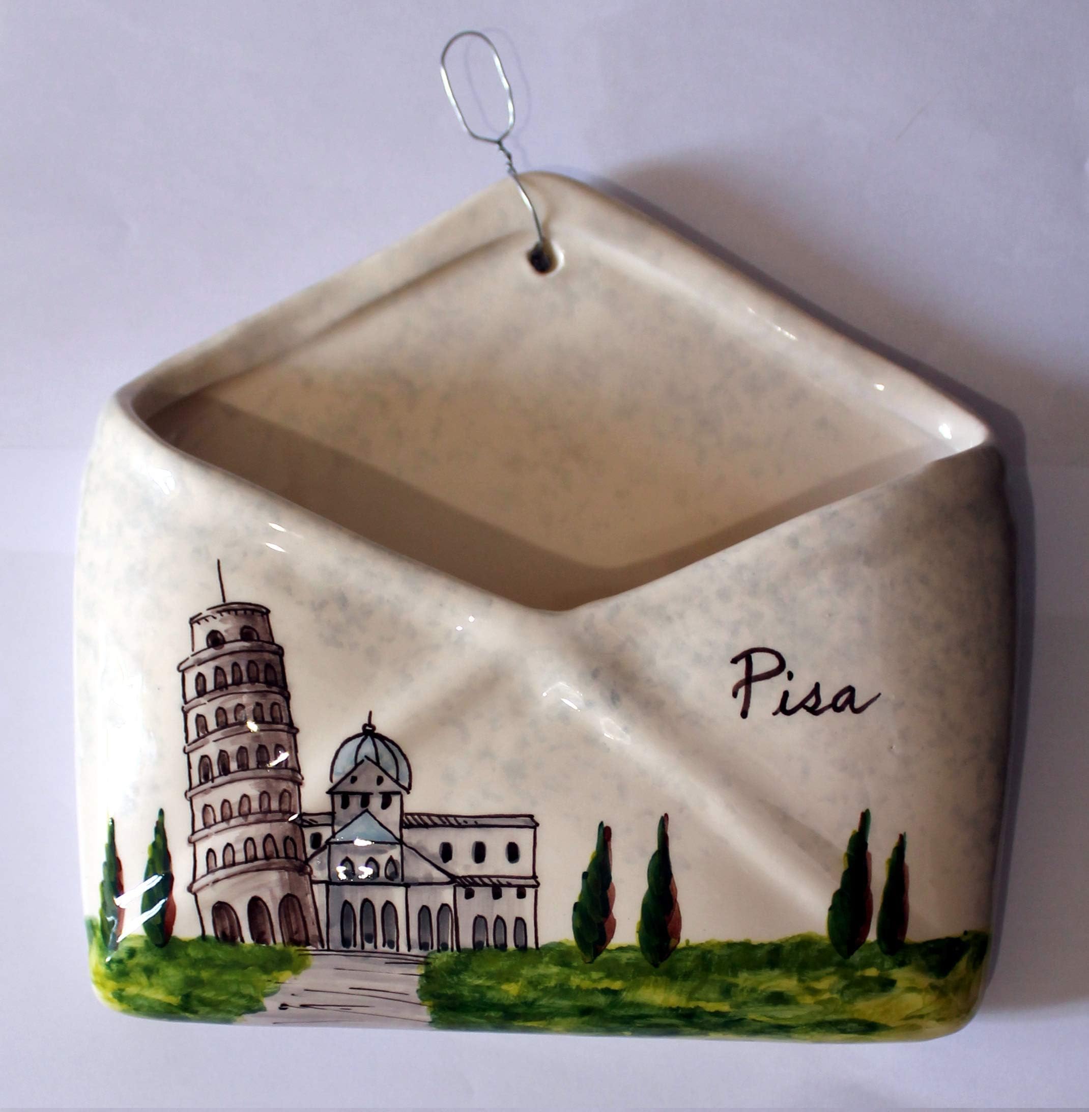 Pisa,Ceramic mail holder to hang on the wall-Ceramic hand letter holder decorated by hand, dimensions size inch 8.8x8.6x2.3 inch -Made in Italy,Tuscany,Lucca,created by Davide Pacini.