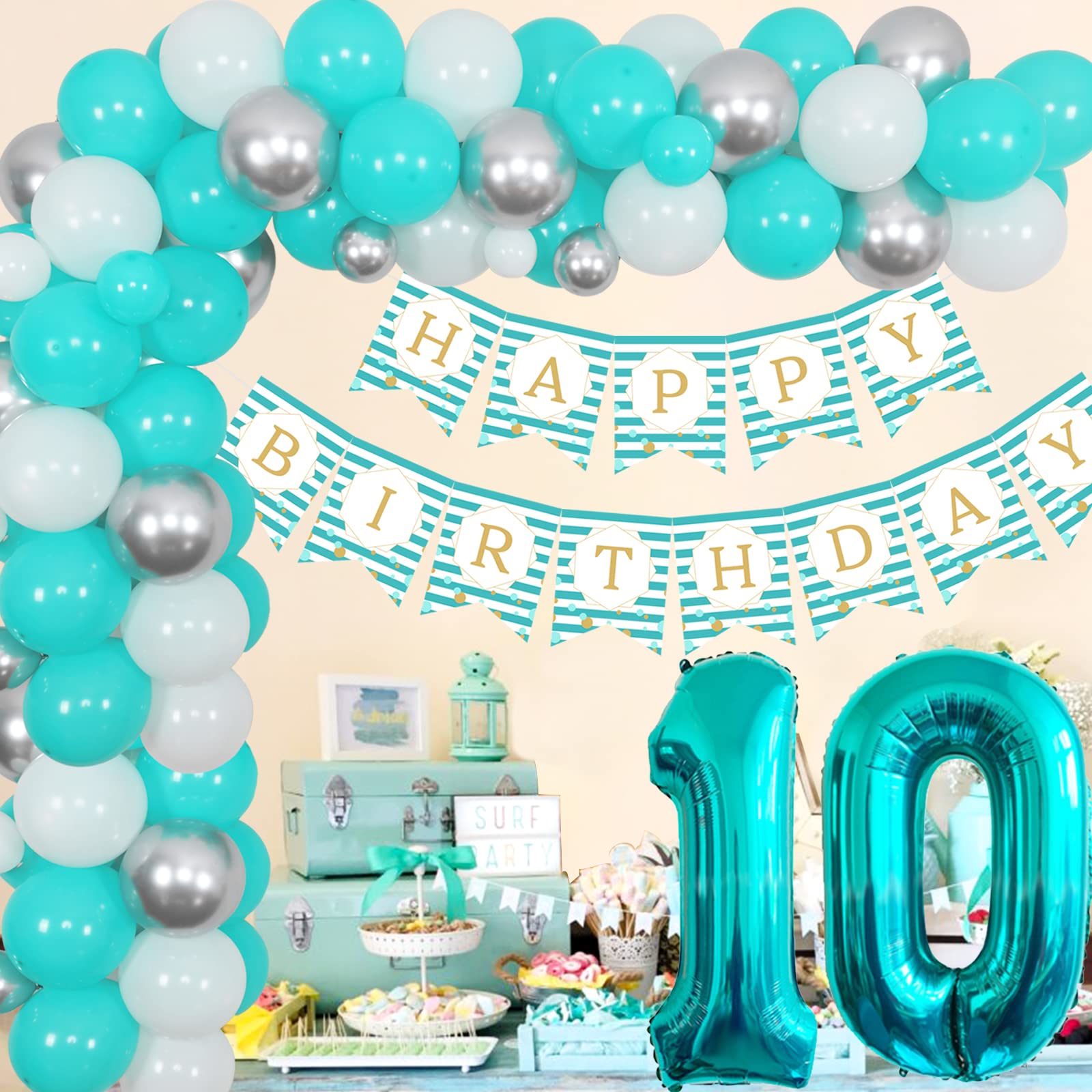 10th Birthday Decorations for Girl Teal Blue White and Silver Balloon Garland Arch Kit Turquoise Happy Birthday Banner Number 10 Foil Balloon for 10 Year Old Birthday Party Supplies
