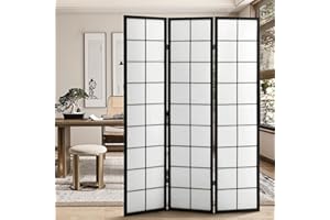 SFIHOME Japanese Shoji Room Divider, 3-Panel Wooden Foldable Freestanding Privacy Screen for Home Office, Gird Style, Black