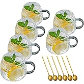 Viovian 15oz Glass Coffee Mugs Set of 6 Vintage Coffee Cups With Handles,Embossed Glass Mug for Hot Cold Beverage Clear Tea Cup for Women Birthday Gifts