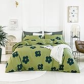 YuHeGuoJi Teal Flower Duvet Cover King 100% Cotton 3 Pcs Set 1 Cute Cartoon Botanical Duvet Cover with Zipper Ties 2 Pillowcases Farmhouse Sage Green Floral Bedding Set Soft
