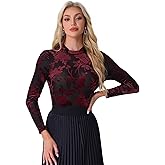 Allegra K See Through Mesh Top for Women's Mock Neck Velvet Floral Print Holiday Tee Shirts