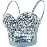 ELLACCI Sexy Pearls Beaded Rhinestone Bustier Crop Top Push up Corset Top with Detachable Straps Blue