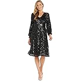 R&M Richards Intricate Black Beaded Wrap Dress W/Long Cuffed Sleeves - Knee Length Party Dress