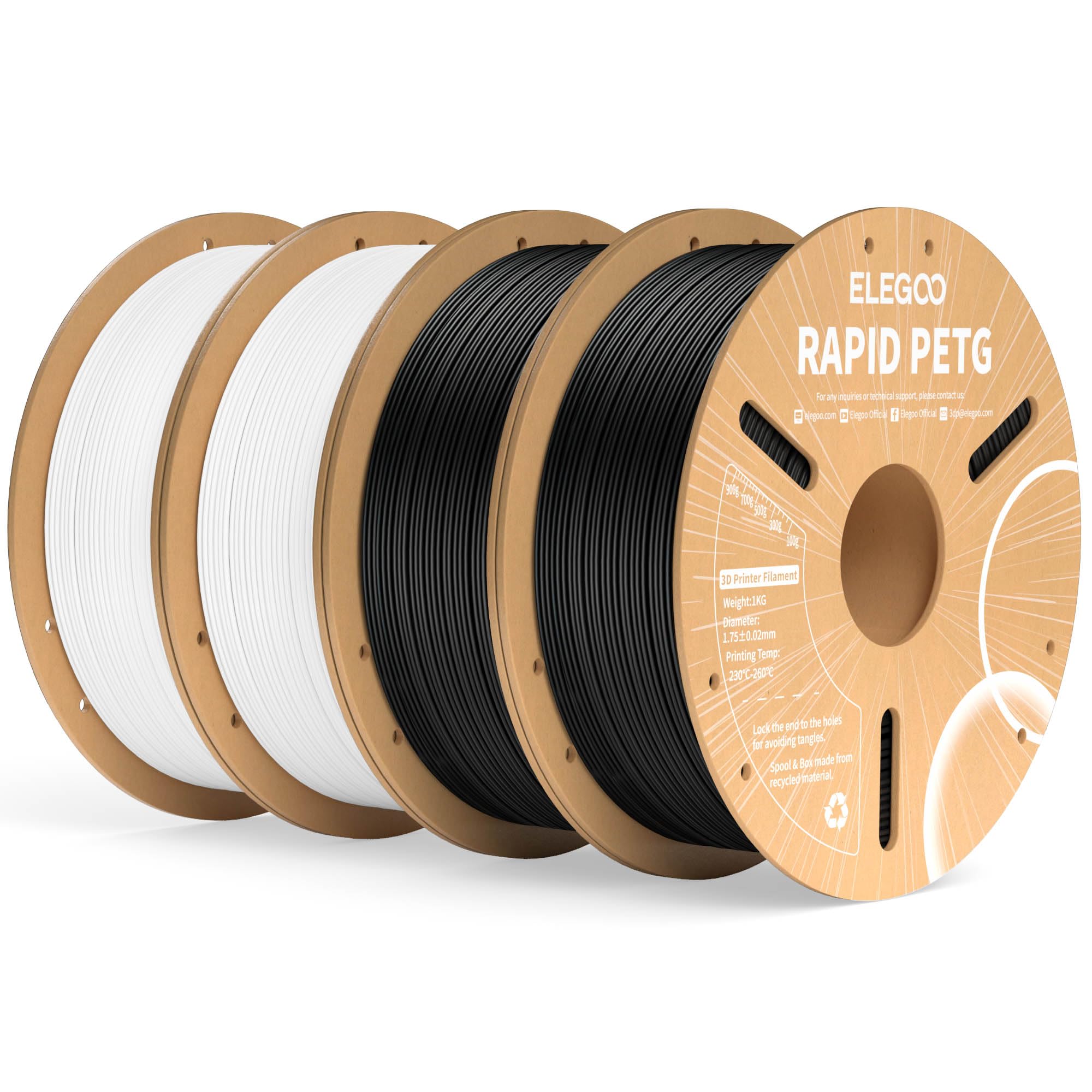 ELEGOO Rapid PETG Filament 1.75mm Schwarz Weiß 4 KG, High Speed 600mm/s 3D Drucker Filament Maßgenauigkeit +/- 0.02 mm, 1kg Pappspule(2.2lbs) Passend für die Meisten 3D Printer