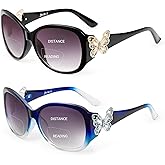 JM 2 Pack Bifocal Reading Sunglasses for Women Fashion Oversized Square Sun Readers Outdoor Reading Glasses UV400 Protection, Black & Clear Blue +2.0