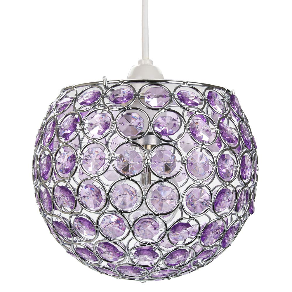 Modern Round Globe Easy Fit Pendant Shade with Small Purple Acrylic Bead Jewels | 18cm Diameter | 60w Maximum | Simple Installation by Happy Homewares