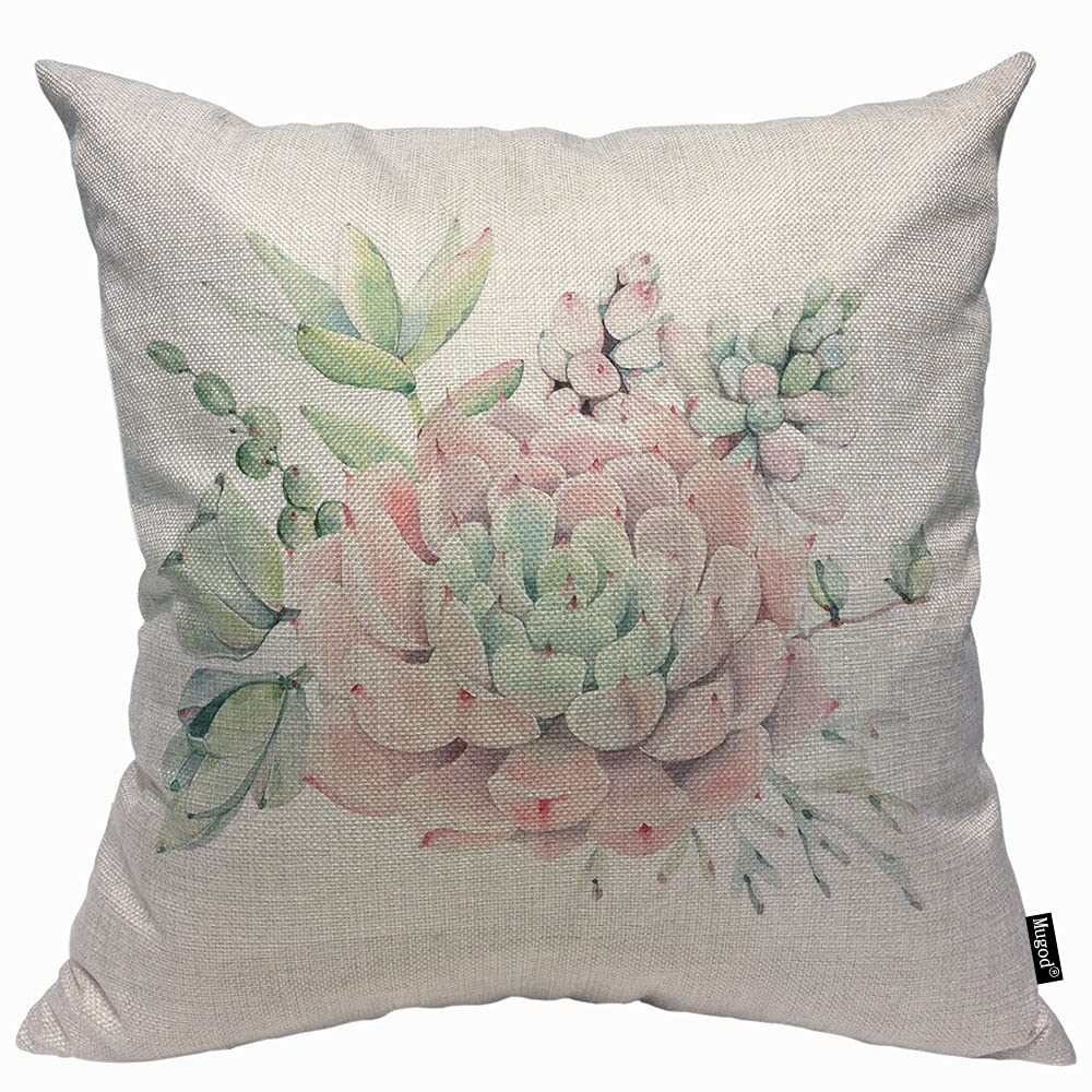 Mugod Pink Succulents Cushion Cover Throw Pillow Covers Watercolor Vintage Succulents Bouquet Summer Floral Bohemian Pillow Case for Men Women Decorative Home Sofa Chair Couch 45x45cm/18x18 Inch