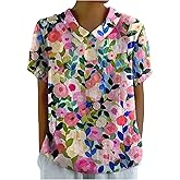 Verdusa Women's Color Floral Blouses Bohemian Vacation Short Sleeve Collared Shirts